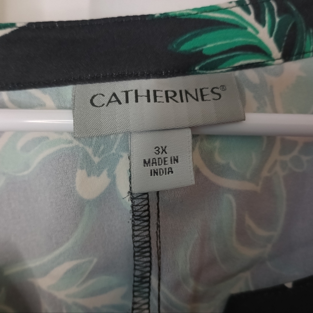 Catherines 3X Button Front Blouse Top Kelly Green Floral Satin Peasant - Picture 10 of 13